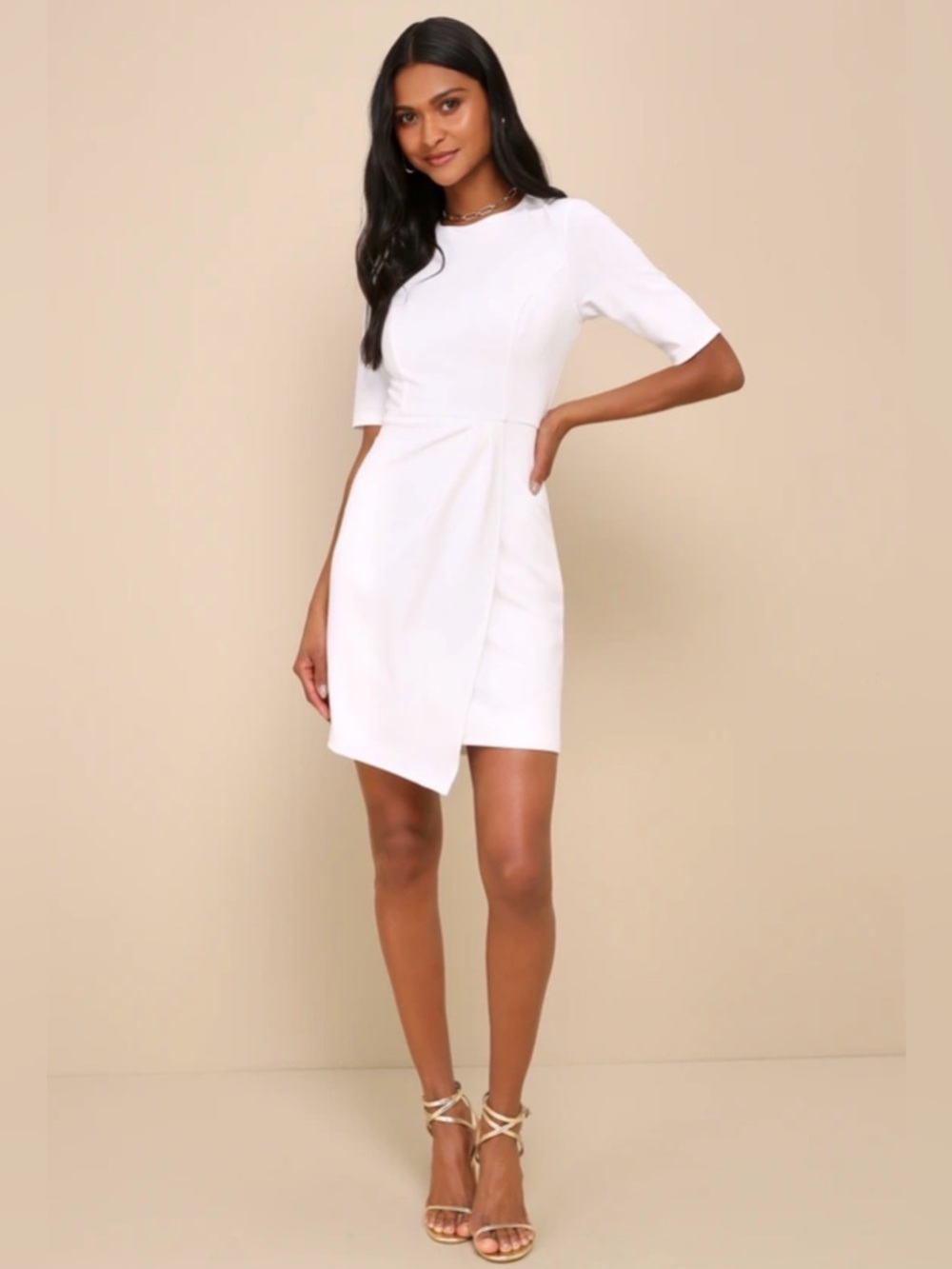 Lulu's Ivory Short-Sleeve Draped Sheath Mini Dress - Like New Worn x1